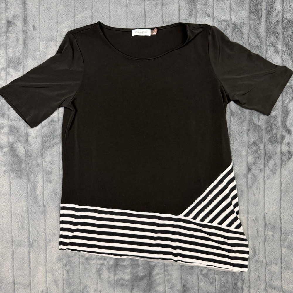 Calvin Klein Womens Black White Striped Asymmetrical Hem Short Sleeve Blouse M